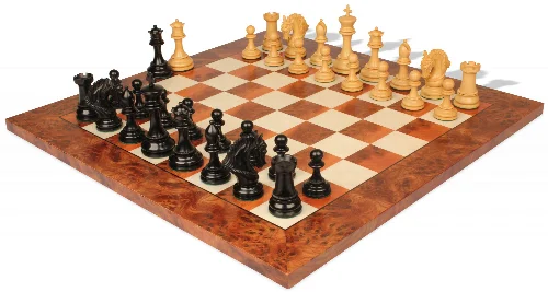 Hengroen Staunton Chess Set Ebony & Boxwood Pieces with Elm Burl Chess Board - 4.6" King - Image 1