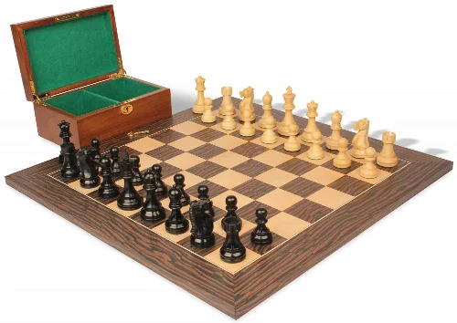 Fischer-Spassky Commemorative Chess Set Ebony & Boxwood Pieces with Deluxe Tiger Ebony Board & Box - 3.75" King - Image 1