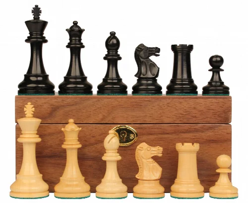 British Staunton Chess Set Ebonized & Boxwood Pieces with Walnut Chess Box - 4" King - Image 1