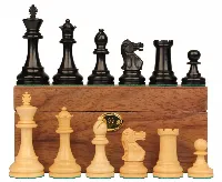 British Staunton Chess Set Ebonized & Boxwood Pieces with Walnut Chess Box - 4" King