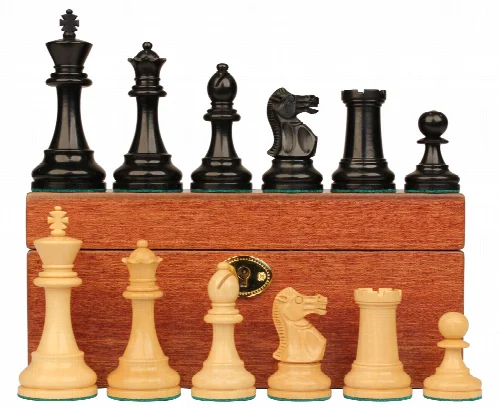 British Staunton Chess Set Ebonized & Boxwood Pieces with Mahogany Chess Box - 4" King - Image 1