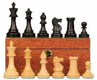 British Staunton Chess Set Ebonized & Boxwood Pieces with Mahogany Chess Box - 4" King