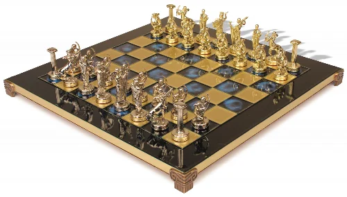 The Labors of Hercules Theme Chess Set with Brass & Nickel Pieces - Blue Board - Image 1