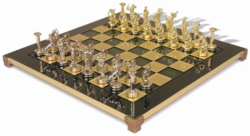 The Labors of Hercules Theme Chess Set with Brass & Nickel Pieces - Green Board - Image 1