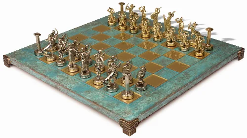 The Giants Battle Theme Chess Set with Brass & Nickel Pieces - Turquoise Board - Image 1