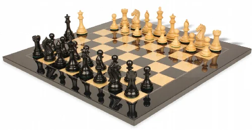 Fierce Knight Staunton Chess Set Ebony & Boxwood Pieces with Black & Ash Burl Board - 4" King - Image 1