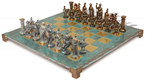 Romans Theme Chess Set with Bronze & Blue Copper Pieces - Turquoise Board - Image 1