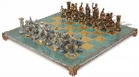 Romans Theme Chess Set with Bronze & Blue Copper Pieces - Turquoise Board