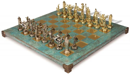 The Greek Mythology Theme Chess Set with Brass & Nickel Pieces - Antiqued Turquoise Board - Image 1