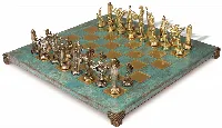 The Greek Mythology Theme Chess Set with Brass & Nickel Pieces - Antiqued Turquoise Board
