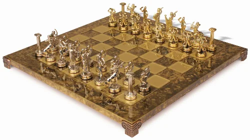 The Giants Battle Theme Chess Set with Brass & Nickel Pieces - Brown Board - Image 1