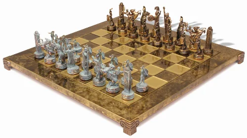 The Greek Mythology Theme Chess Set with Bronze & Blue Pieces - Brown Board - Image 1