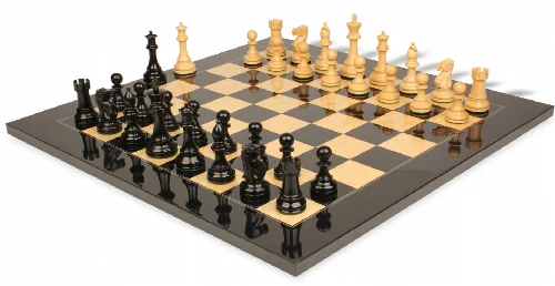 British Staunton Chess Set Ebony & Boxwood Pieces with Black & Ash Burl Board - 4" King - Image 1