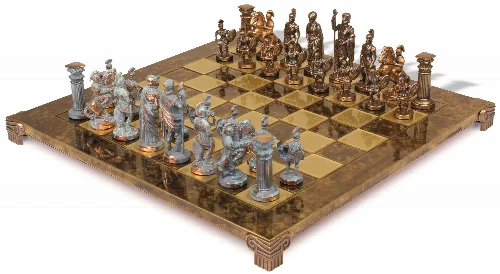 Romans Theme Chess Set with Bronze & Blue Copper Pieces - Brown Board - Image 1