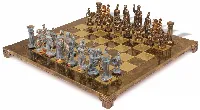 Romans Theme Chess Set with Bronze & Blue Copper Pieces - Brown Board