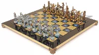 The Greek Mythology Theme Chess Set with Bronze & Blue Pieces - Blue Board