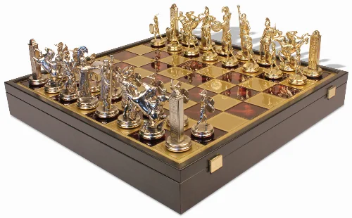 Large Poseidon Theme Chess Set Brass & Nickel Pieces with Red Board on Case - Image 1