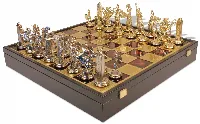 Large Poseidon Theme Chess Set Brass & Nickel Pieces with Red Board on Case