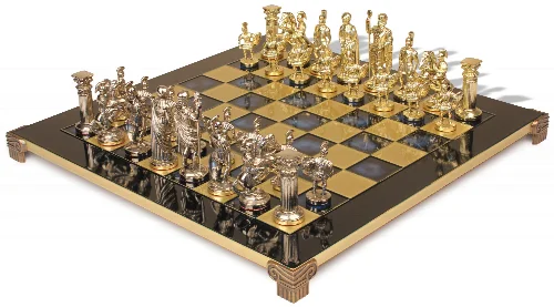 Romans Theme Chess Set with Brass & Nickel Pieces - Blue Board - Image 1