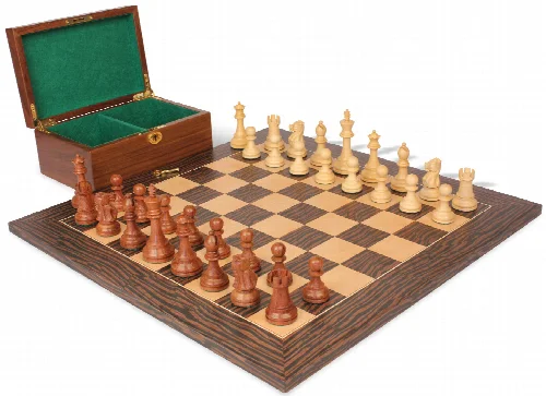 British Staunton Chess Set Acacia & Boxwood Pieces with Deluxe Tiger Ebony Board & Box - 4" King - Image 1