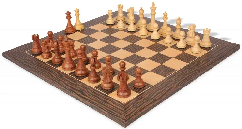 British Staunton Chess Set Acacia & Boxwood Pieces with Deluxe Tiger Ebony & Maple Board - 4" King - Image 1