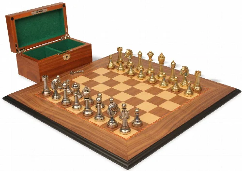 Italian Arabesque Staunton Metal Chess Set with Walnut Molded Board & Box - Image 1