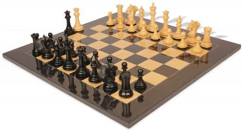 Copenhagen Staunton Chess Set in Ebony & Boxwood with Black & Ash Burl Board - 4.5" King - Image 1