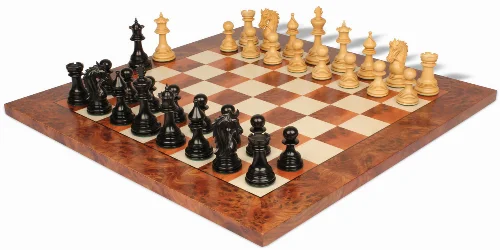 Hadrian Staunton Chess Set in Ebony & Boxwood with Elm Burl & Erable Board - 4.4" King - Image 1