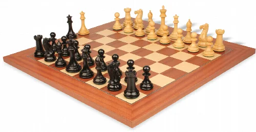 New Exclusive Staunton Chess Set in Ebonized Boxwood & Boxwood with Mahogany & Maple Deluxe Chess Board - 3.5" King - Image 1