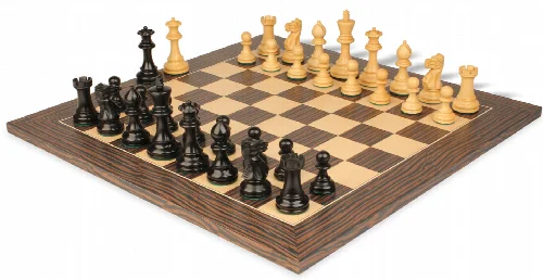 Parker Staunton Chess Set Ebonized & Boxwood Pieces with Deluxe Tiger Ebony & Maple Board- 3.75" King - Image 1