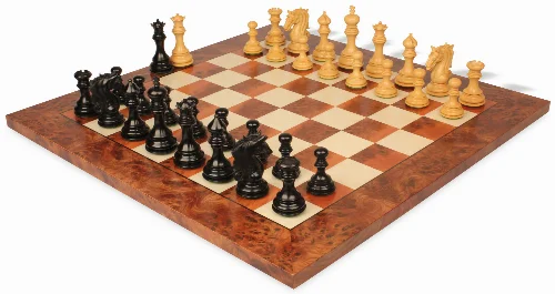 Tencendur Staunton Chess Set Ebony & Boxwood Pieces with Elm Burl Board- 4.4" King - Image 1
