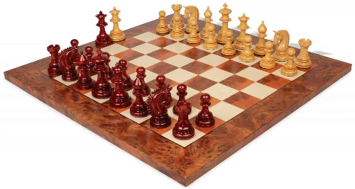 Patton Staunton Chess Set Padauk & Boxwood Pieces with Elm Burl Board - 4.25" King - Image 1