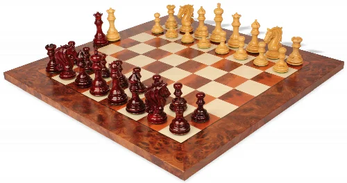 Tencendur Staunton Chess Set Padauk & Boxwood Pieces with Elm Burl Board - 4.4" King - Image 1