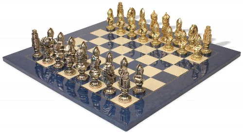 Medieval Theme Metal Chess Set with Blue Ash Burl Chess Board - Image 1