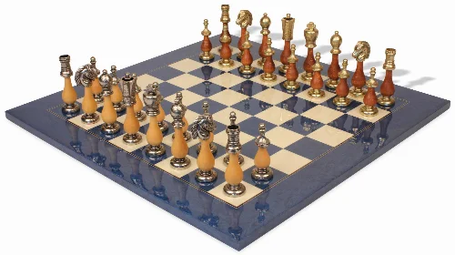 Large Italian Arabesque Staunton Metal & Wood Chess Set with Blue Ash Burl Chess Board - Image 1