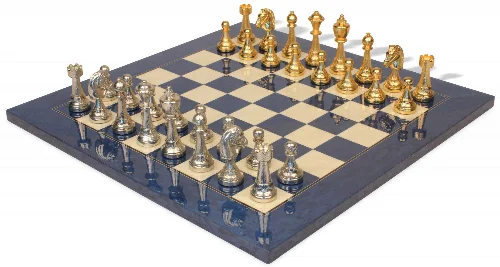 Italian Arabesque Staunton Gold & Sliver Chess Set With Blue Ash Burl & Erable High Gloss Chess Board - Image 1