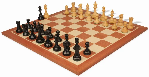 British Staunton Chess Set Ebonized & Boxwood Pieces with Sunrise Mahogany Chess Board - 4" King - Image 1