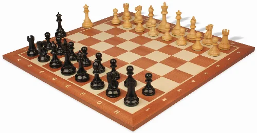 British Staunton Chess Set Ebonized & Boxwood Pieces with Sunrise Mahogany Notated Chess Board - 4" King - Image 1