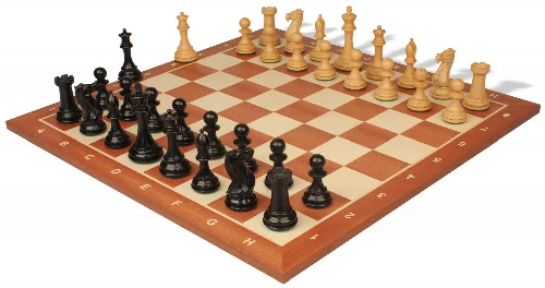 New Exclusive Staunton Chess Set Ebonized & Boxwood Pieces with Sunrise Mahogany Notated Chess Board - 3.5" King - Image 1
