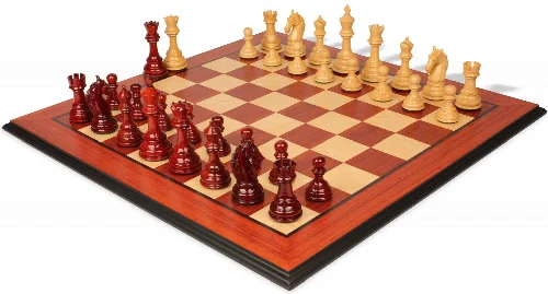 Colombian Knight Staunton Chess Set Padauk & Boxwood Pieces with Padauk & Bird's Eye Maple Molded Edge Board - 4.6" King - Image 1