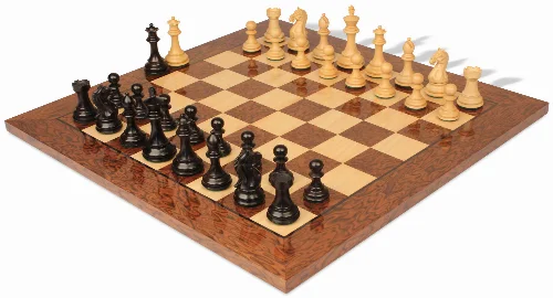 Fierce Knight Staunton Chess Set Ebony & Boxwood Pieces with Brown Ash Burl Chess Board - 3.5" King - Image 1