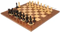 Fierce Knight Staunton Chess Set Ebony & Boxwood Pieces with Brown Ash Burl Chess Board - 3.5" King