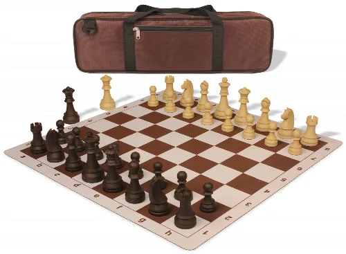 German Knight Carry-All Plastic Chess Set Brown & Natural Wood Grain Pieces with Lightweight Floppy Board - Brown - Image 1