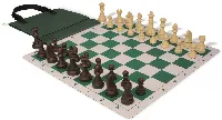 German Knight Easy-Carry Plastic Chess Set Brown & Natural Wood Grain Pieces with Lightweight Floppy Board - Green