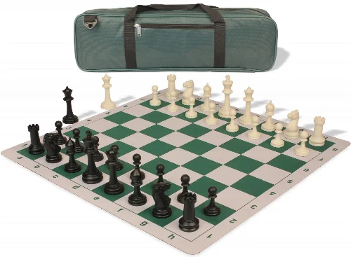 Master Series Carry-All Triple Weighted Plastic Chess Set Black & Ivory Pieces with Lightweight Floppy Board - Green - Image 1