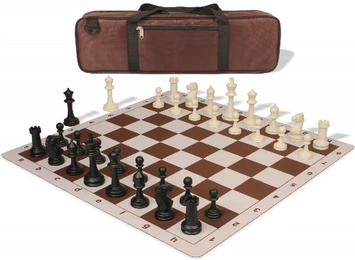 Master Series Carry-All Triple Weighted Plastic Chess Set Black & Ivory Pieces with Lightweight Floppy Board - Brown - Image 1