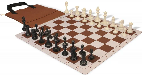 Master Series Easy-Carry Triple Weighted Plastic Chess Set Black & Ivory Pieces with Lightweight Floppy Board & Bag - Brown - Image 1