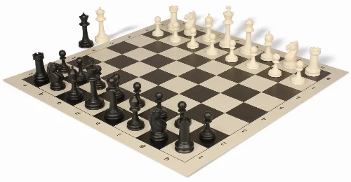 Master Series Triple Weighted Plastic Chess Set Black & Ivory Pieces with Lightweight Floppy Board - Black - Image 1