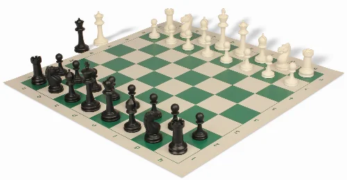 Master Series Triple Weighted Plastic Chess Set Black & Ivory Pieces with Lightweight Floppy Board - Green - Image 1