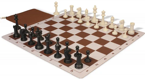 Master Series Classroom Triple Weighted Plastic Chess Set Black & Ivory Pieces with Lightweight Floppy Board & Bag - Brown - Image 1